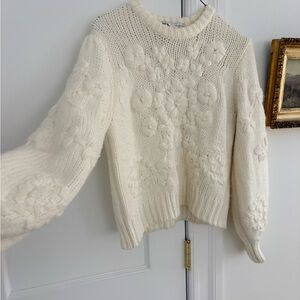 Zara Cream Floral knit Crewneck Sweater